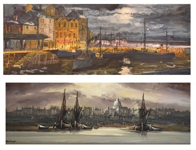 Lot 767 - J Hughes - Watercolour - The Harbour by Moonlight at Brixham together with