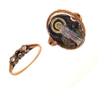 Lot 44 - Two gold rings, comprising one with Virgin Mary decorated panel, etc