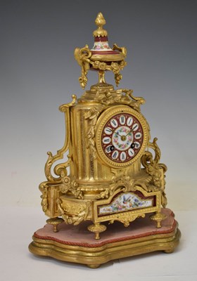Lot 750 - French gilt spelter, porcelain and ormolu mounted mantel clock, Japy Freres