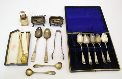 Lot 392 - Set of five cased silver spoons, pair of Edward VII Old English mustard spoons, etc