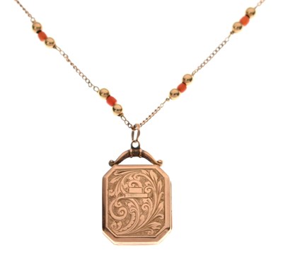 Lot 128 - Coral and 9ct gold curb link and beaded necklace with a 9ct gold locket