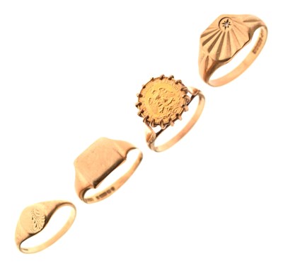 Lot 74 - Three 9ct signet rings, and a 9ct gold coin ring
