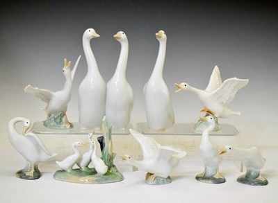 Lot 663 - Lladro - Group of eight porcelain figures of geese, together with a Nao geese figure group (9)