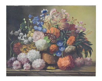 Lot 735 - Julius Horn (Austrian, 20th century) - Oil on canvas - Still life with flowers