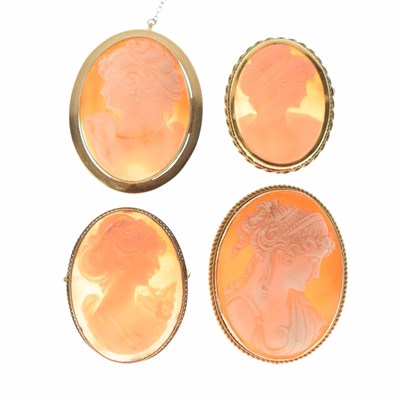 Lot 107 - Three 9ct gold-mounted shell cameo brooches and a rolled gold cameo brooch (4)
