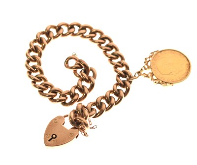 Lot 446 - George V gold sovereign, 1912, on 9ct curb link bracelet