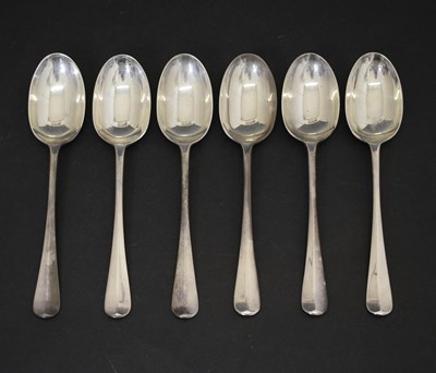 Lot 403 - Matched set of six George V silver Old English pattern dessert spoons