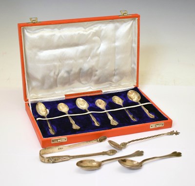 Lot 409 - Quantity of flatware to include a cased set of six white-metal teaspoons, two silver Treffid spoons