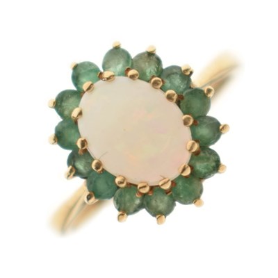 Lot 21 - Opal and emerald cluster 9ct gold ring