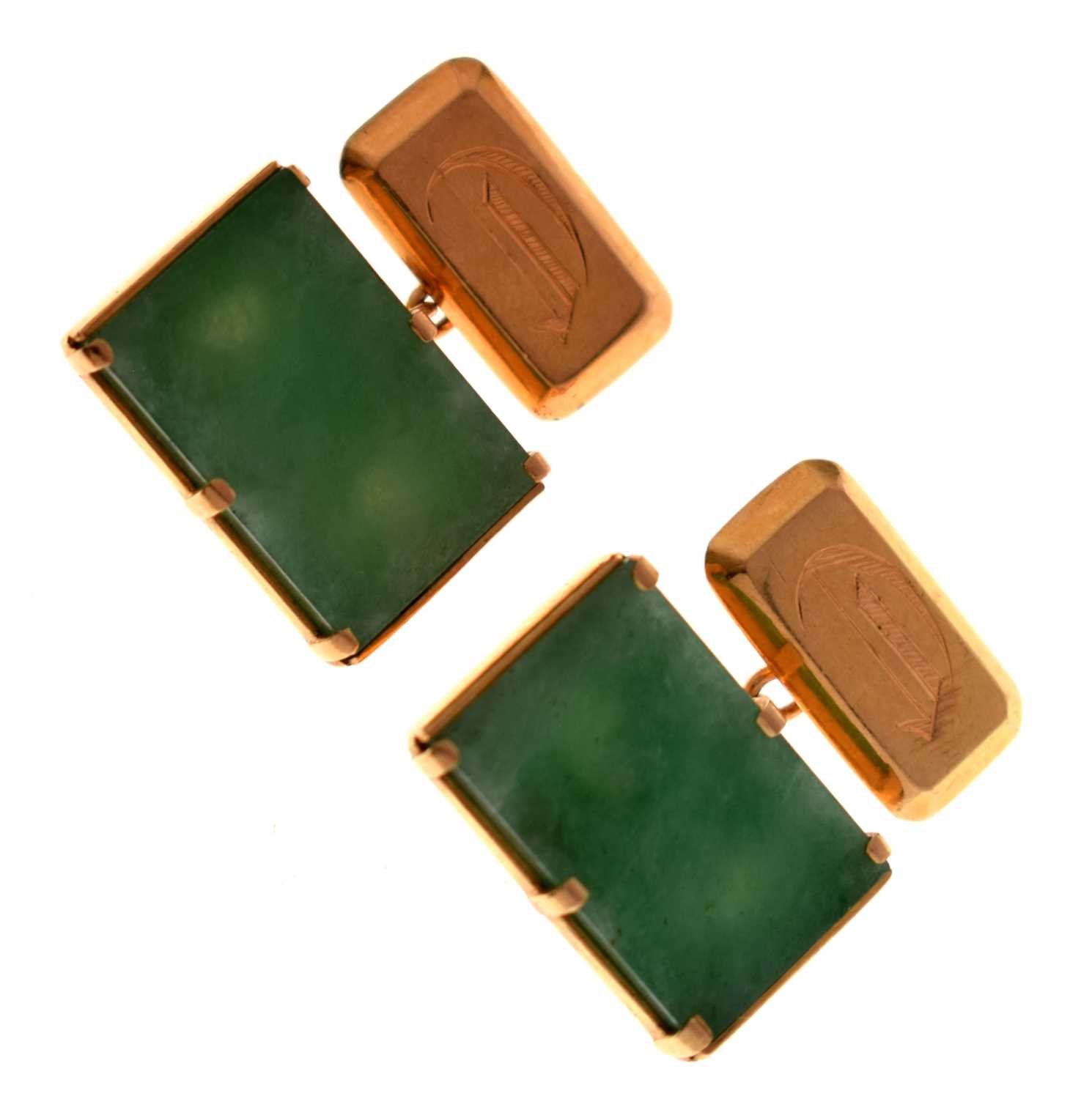 Lot 66 - Pair of unmarked yellow metal and jade cufflinks