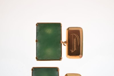 Lot 66 - Pair of unmarked yellow metal and jade cufflinks