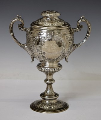Lot 140 - Edwardian silver twin-handled pedestal trophy cup