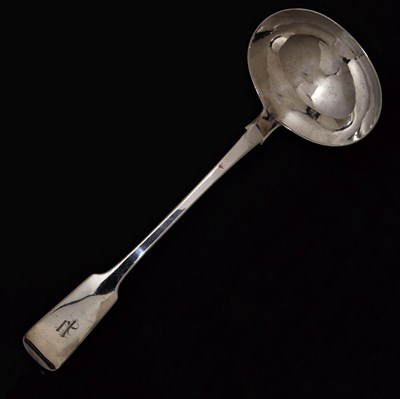 Lot 128 - Late Victorian Irish silver fiddle pattern rat tail ladle