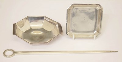 Lot 376 - Mid Victorian silver letter opener, and two silver dishes