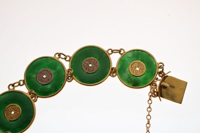 Lot 65 - Chinese jade and yellow metal 'coin' bracelet, Wang Hing, Hong Kong