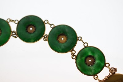 Lot 65 - Chinese jade and yellow metal 'coin' bracelet, Wang Hing, Hong Kong