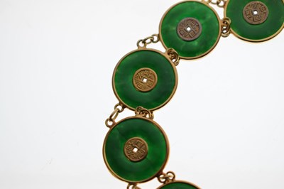 Lot 65 - Chinese jade and yellow metal 'coin' bracelet, Wang Hing, Hong Kong