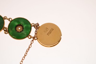Lot 65 - Chinese jade and yellow metal 'coin' bracelet, Wang Hing, Hong Kong