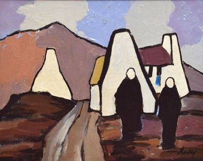 Lot 466 - Markey Robinson (Irish, 1918-1999) – Oil on board - Two figures before cottages