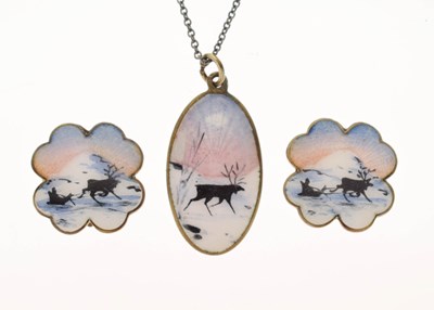 Lot 124 - Norwegian enamelled silver pendant and earrings