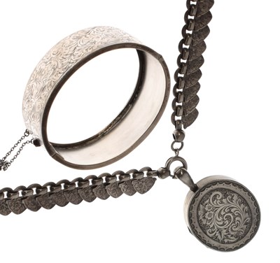 Lot 288 - Victorian style engraved silver locket with fancy necklace and bangle