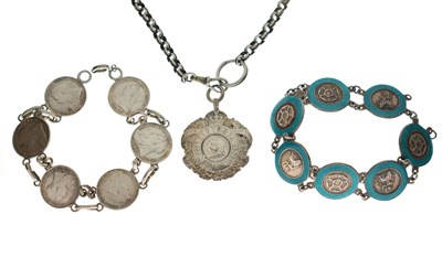 Lot 259 - Victorian coin bracelet, pendant and turquoise enamel bracelet etc