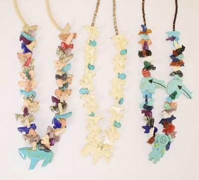 Lot 106 - Three Navajo pendant necklaces including a Zuni fetish necklace