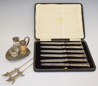 Lot 214 - Edwardian cruet stand plus cased six of six George V silver handled knives