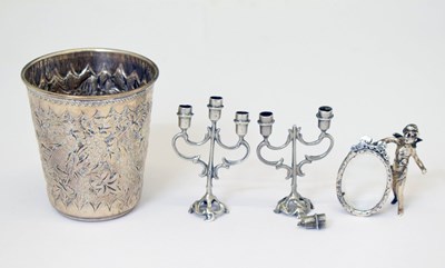 Lot 209 - White metal beaker, pair of miniature candelabra and photograph frame
