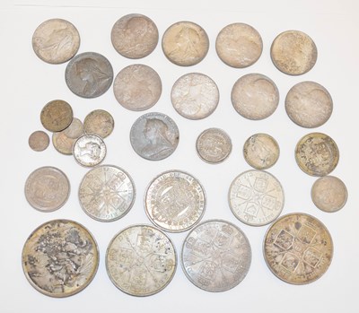 Lot 453 - Quantity of GB silver coinage to include a Victorian crown, 1887, and eleven silver medallions