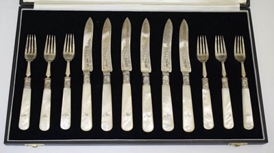 Lot 411 - Set of late Victorian silver and mother-of-pearl fruit cutlery