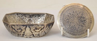 Lot 434 - Siamese white metal bowl together with a similar compact