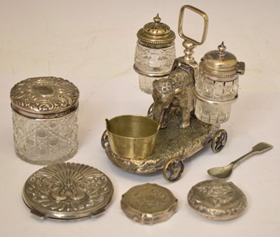 Lot 384 - Silver topped dressing table jar, novelty silver plated condiment set, etc