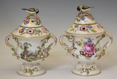 Lot 227 - Pair of Dresden porcelain pot pourri vases and covers