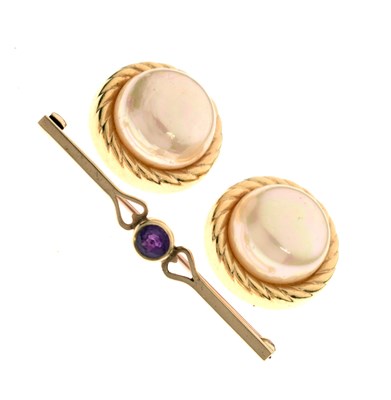 Lot 272 - Pair of Christian Dior faux pearl clip-on earrings and an amethyst 9ct gold bar brooch