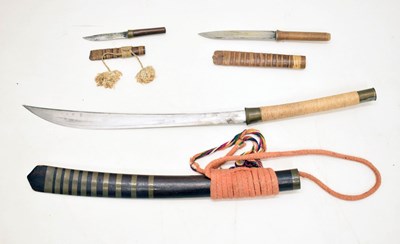 Lot 354 - Burmese short sword Dha, and two Burmese knives