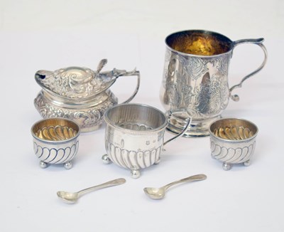 Lot 380 - George III silver christening mug, Victorian mustard pot, pair of salts, etc