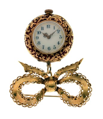 Lot 102 - Swiss enamelled 18ct yellow gold fob watch with 18ct yellow gold ribbon and bow brooch surmount
