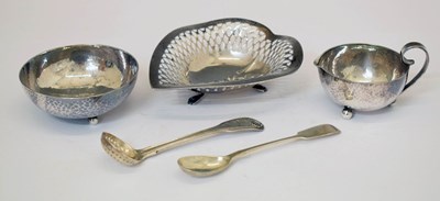 Lot 396 - George V silver bonbon dish, a Swiss white-metal cream jug and sugar bowl, etc