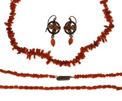Lot 165 - Two coral necklaces and a pair of earrings