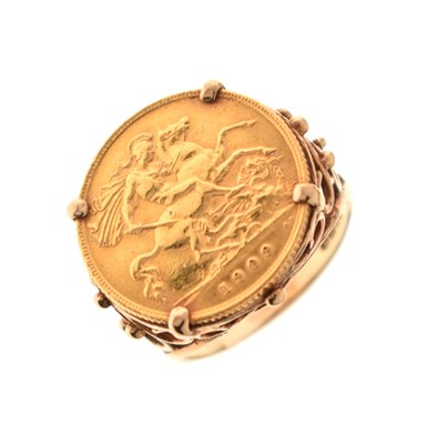 Lot 443 - Edward VII gold half sovereign, 1909, in 9ct gold ring