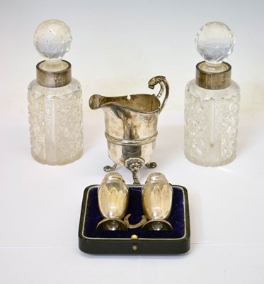 Lot 378 - George V silver cream jug, cased pair of pepperettes, etc