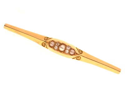 Lot 86 - Diamond and seed pearl 18ct gold bar brooch