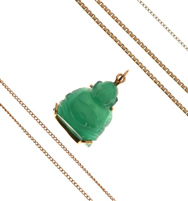 Lot 162 - Jade Buddha pendant on 9ct gold box link chain, etc