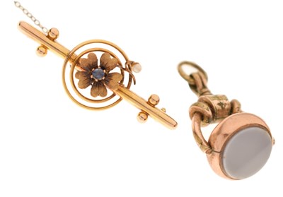 Lot 85 - 9ct gold bar brooch set sapphire and seed pearls, together with a plated fob seal