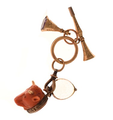 Lot 69 - 19th century coral bull head fob seal and others