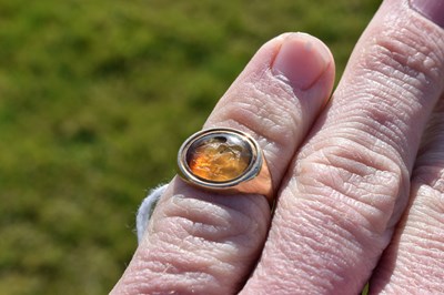 Lot 67 - Chalcedony intaglio yellow metal signet ring, possibly Roman