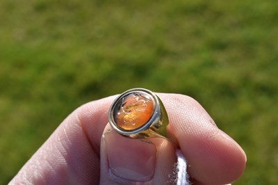 Lot 67 - Chalcedony intaglio yellow metal signet ring, possibly Roman