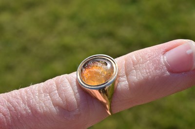 Lot 67 - Chalcedony intaglio yellow metal signet ring, possibly Roman