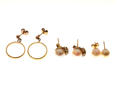 Lot 230 - Pair of cultured pearl and diamond 9ct gold stud earrings, etc